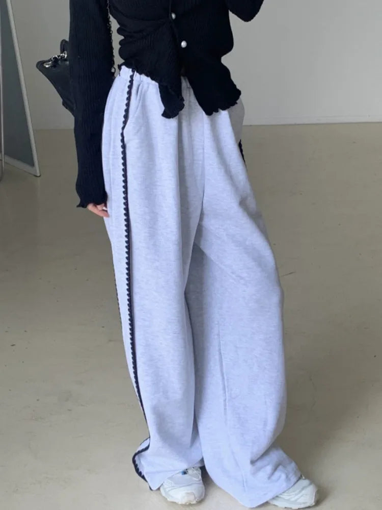 Chic Autumn Winter Loose Casual Pants – Color Block Side Stripe Floral Women Sweatpants Long Trousers