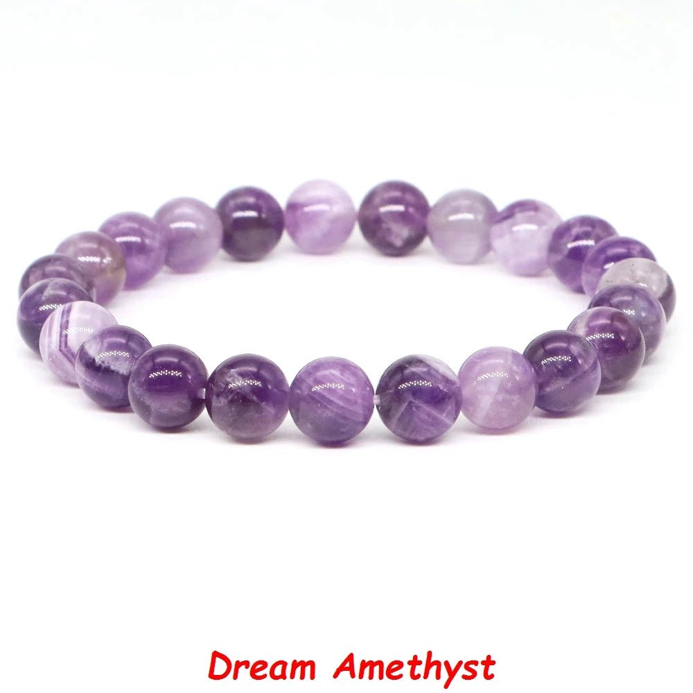 Natural Stone Healing Crystal Bracelet | Amethyst, Quartz & Agate Round Beads Elastic Stretch Bangle for Women & Men