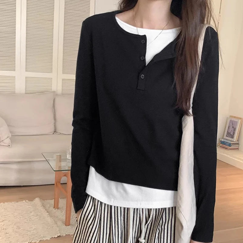 Slimming Effect Pure Cotton Long Sleeve Top – Women’s Loose Fashionable Base Shirt Spring Autumn 2025