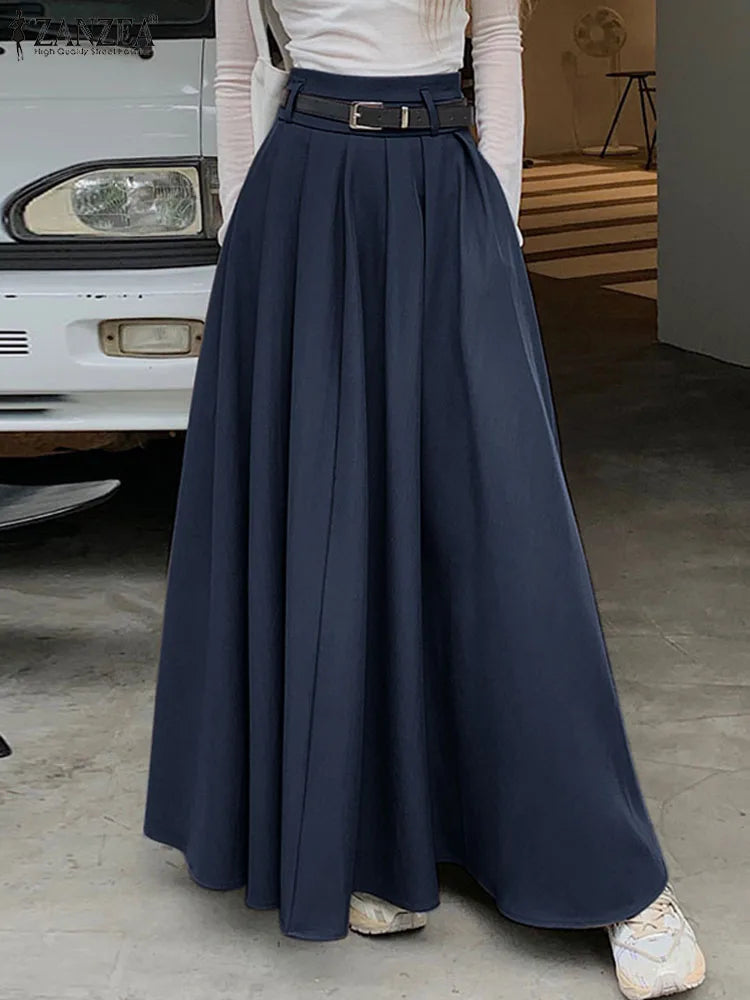 ZANZEA Women High Waist Pleated Swing Skirt – Vintage Korean Style Long Solid Skirt for Spring 2024