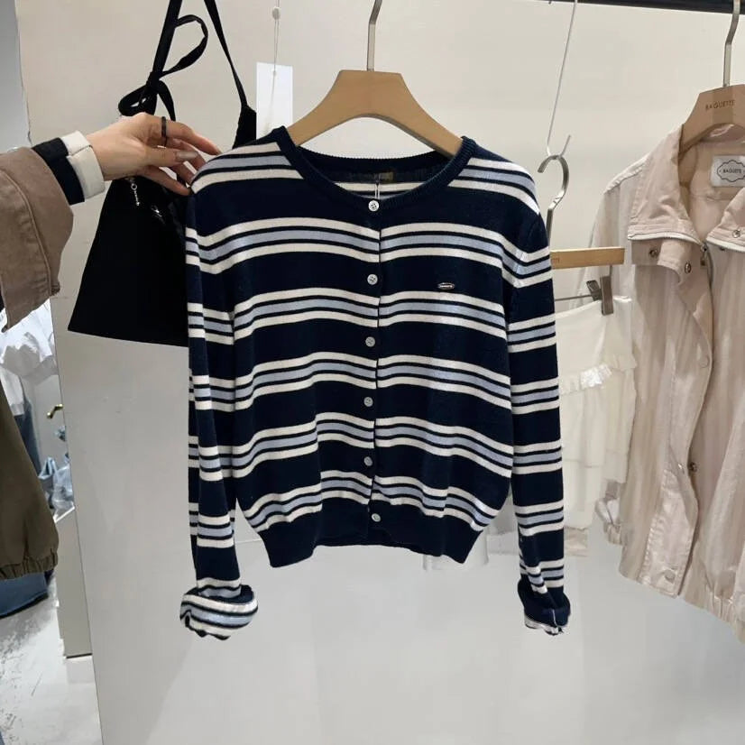 Women's Striped Knitted Cardigan | Chic Spring Button-Up Sweater | Soft Classic Open Front Knitwear
