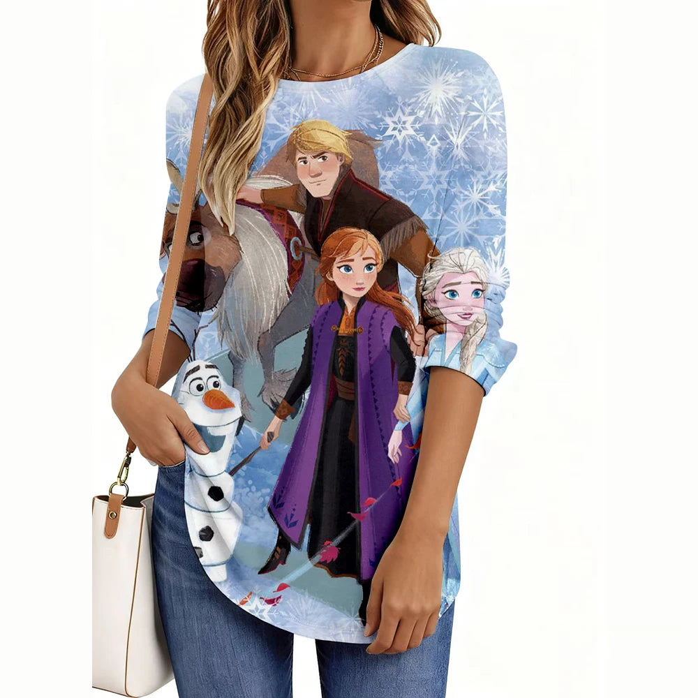 Disney Princess Print Women’s Long Sleeve Shirt – Casual Weekend Holiday Loose Elegant Top 👑✨