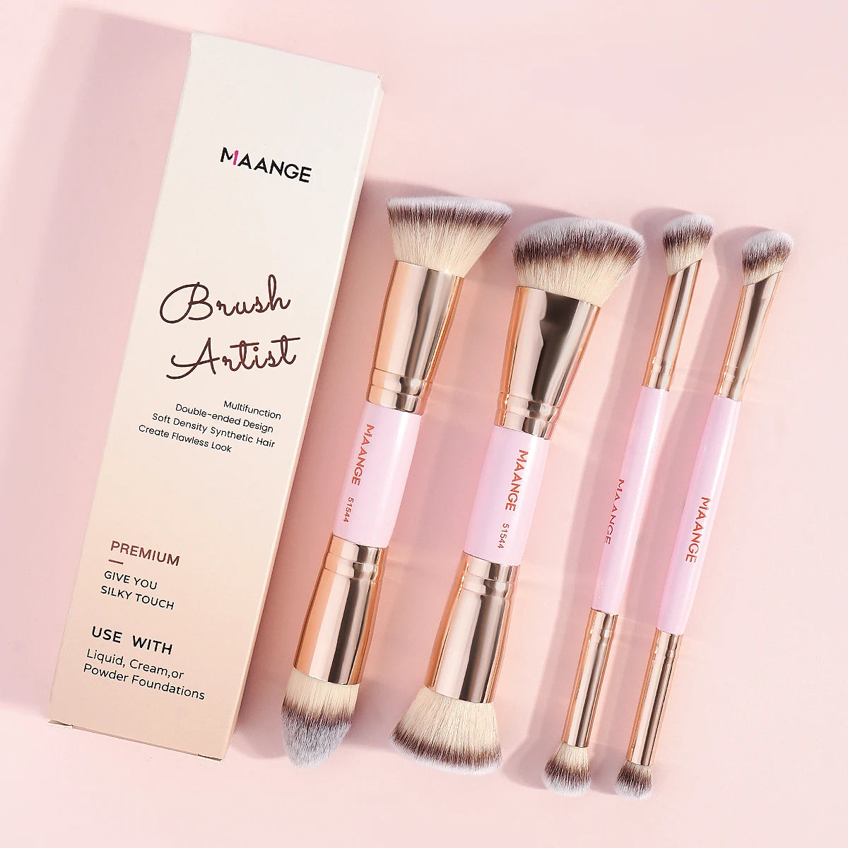 MAANGE 4pcs Basic Makeup Brushes Set with Box – Dual-Ended Foundation, Powder, Blush & Eyeshadow Brushes for Beginners & Travel