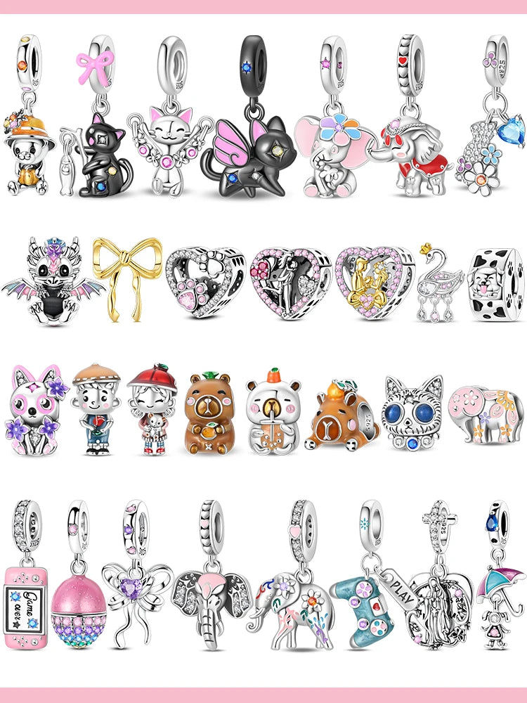 925 Sterling Silver Animal & Love Charms | Cat, Elephant, Bear, Swan & Easter Egg Beads Fit Original 3mm Bracelets DIY Jewelry