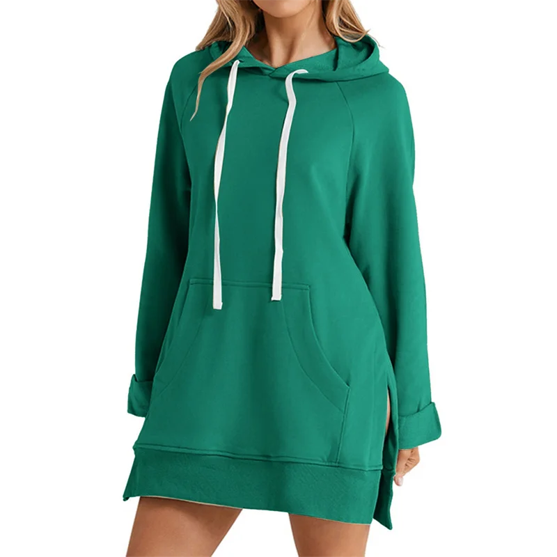 Women’s Hoodie Dress | Loose Mid-Length Pullover | Slit Hem Hooded Top with Pocket