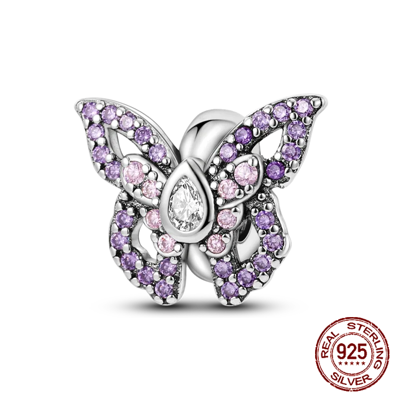 925 Sterling Silver Purple Flower & Butterfly Dangle Charm | Bead for 4MM Bracelet or Necklace DIY Jewelry Gift