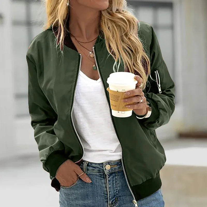 Autumn Women’s Solid Color O-Neck Zipper Jacket | Vintage Black Bomber Long Sleeve