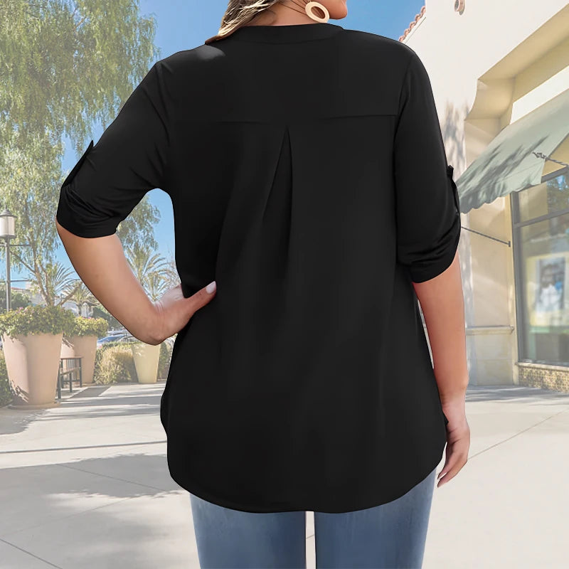 2025 Women’s Plus Size Summer Blouse – Casual V-Neck Button-Front Loose Fit Short Sleeve Top