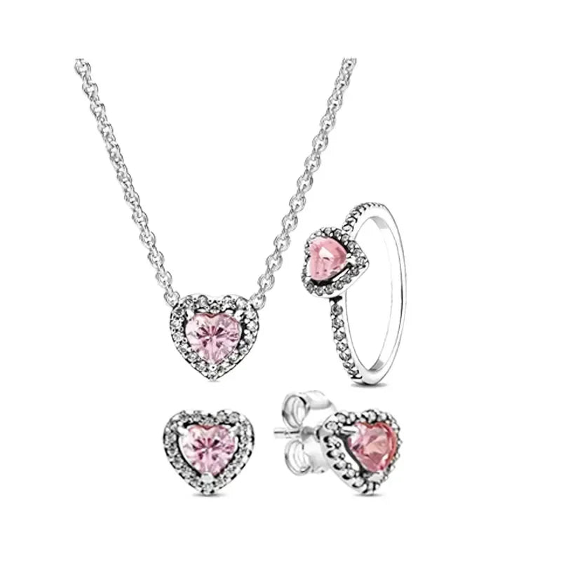 925 Sterling Silver Women’s Jewelry Set | Pink Heart Earrings, Ring & Necklace | Sparkling Luxury Holiday Gift