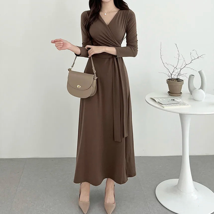 ✨ Slimming V-Neck Cross Wrap Long Dress 👗 Women's Base Layer Dress 🌸 Belted Waist Split Long Sleeve Colorful Commute Wear
