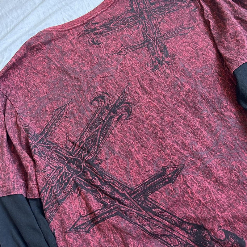 Y2K Grunge Emo Vintage T-Shirt | Gothic Patchwork Long Sleeve E-Girl Cyber Goth Streetwear Top