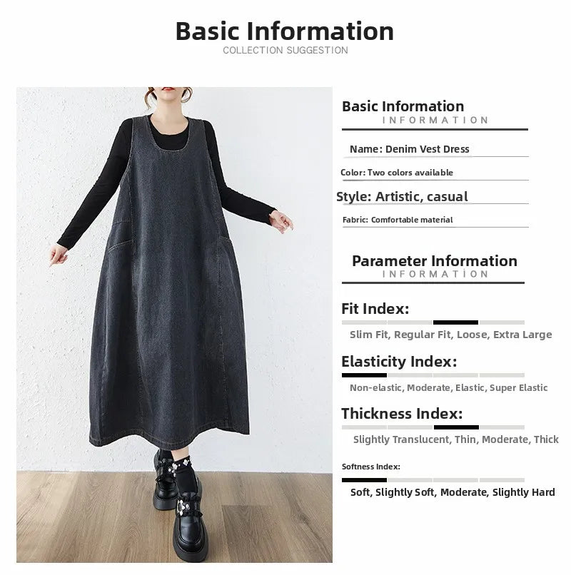 Loose Korean Style Plus Size Denim Vest Skirt – High Waist Over-Knee Slimming Cotton Jeans Corset Casual Dress for Women