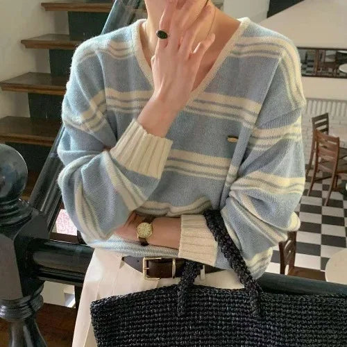 Faionable V-Ne Women's Knitted Sweater Long Sve Striped Base irt Trendy Commute Sle Regular Length Chinese Origin