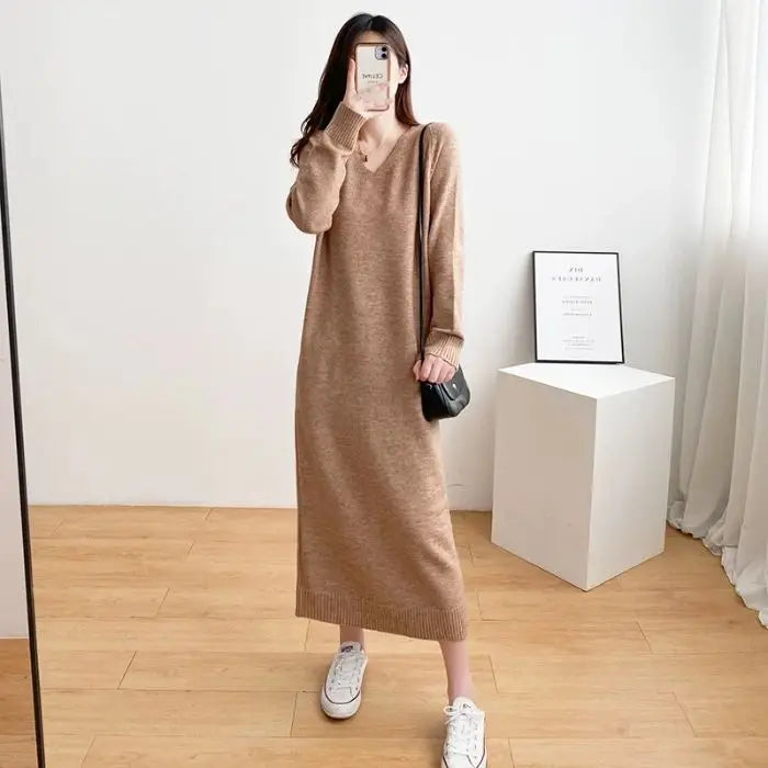 Ladies’ Knitted V-Neck Dress – Loose Fit Base Layer Skirt, Casual Straight Tube Korean Style Autumn Winter Dress