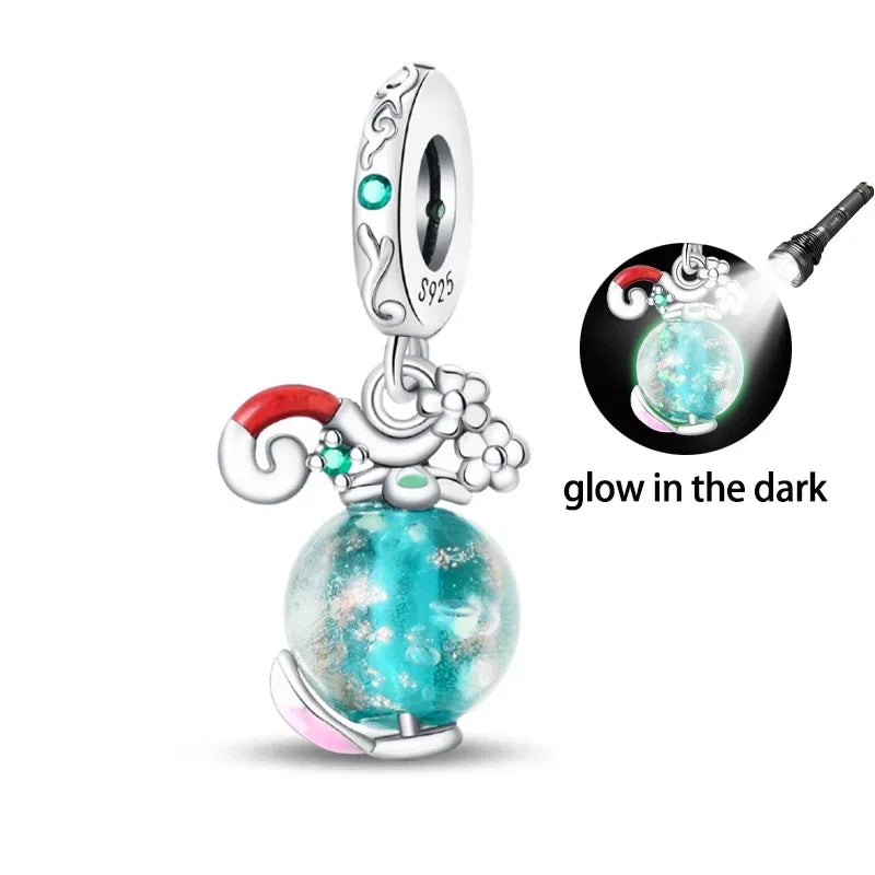 925 Sterling Silver Luminous Fairy Cat Owl Dragon Glass Charm | Original Design Bead for Bracelet DIY Jewelry