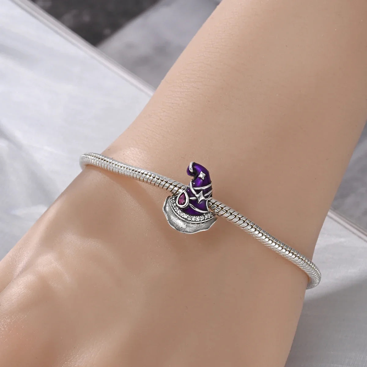 925 Sterling Silver Purple Flying Witch Hat & Magic Book Charm – Fits Original Bracelet DIY Halloween Jewelry Gift for Women