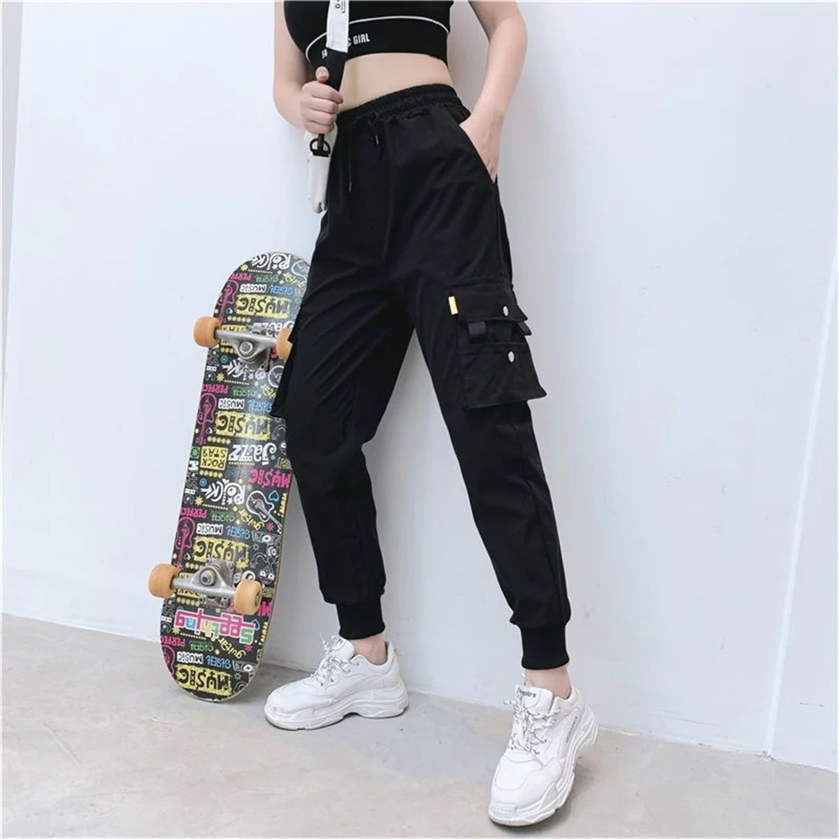 Black Cargo Pants for Women | High Waist Loose Joggers | Korean Hip Hop Streetwear Trousers