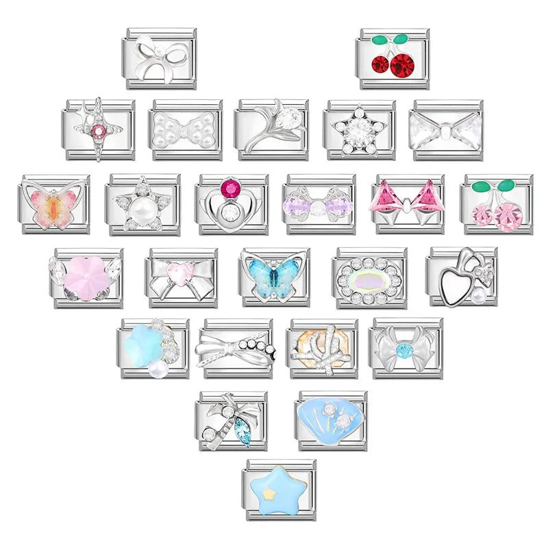 2025 Original Zircon Bow Knot Star Cherry Italian Charm | Stainless Steel 9mm Links DIY Modular Bracelet Jewelry Wholesale