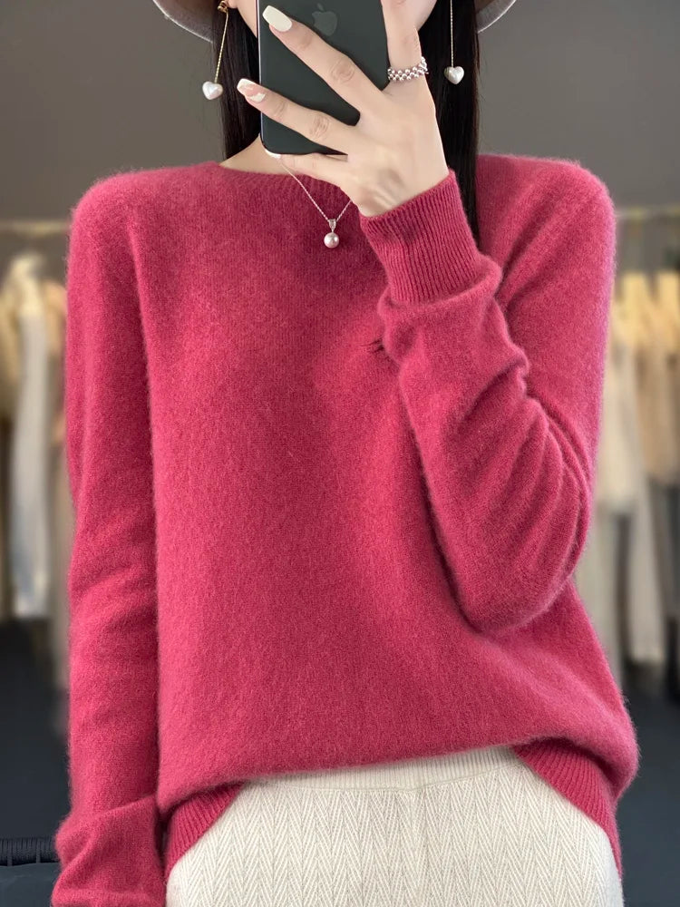 Women’s 100% Merino Wool O-Neck Cashmere Sweater – Autumn & Winter Casual Knitted Pullover 🍂🧶