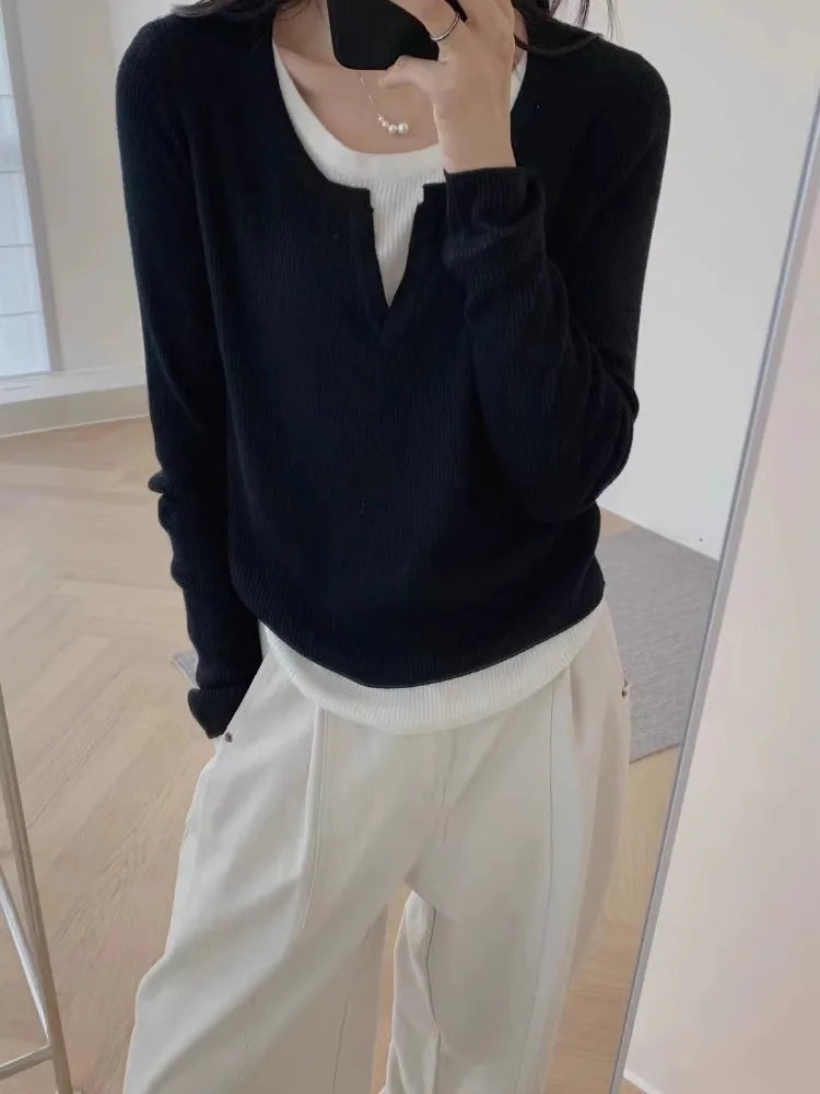 Slim Fit Geometric Knitted Long Sleeve T-Shirt – Korean Style Base Layer for Pear-Shaped Body | Autumn Wear