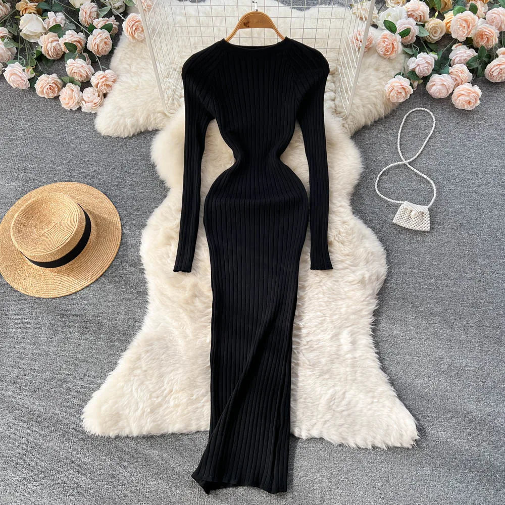 SINGREINY Winter Women’s Knit Maxi Dress – Slim Solid O-Neck Long Sleeve Pencil Sweater Dress | Autumn Harajuku Fashion