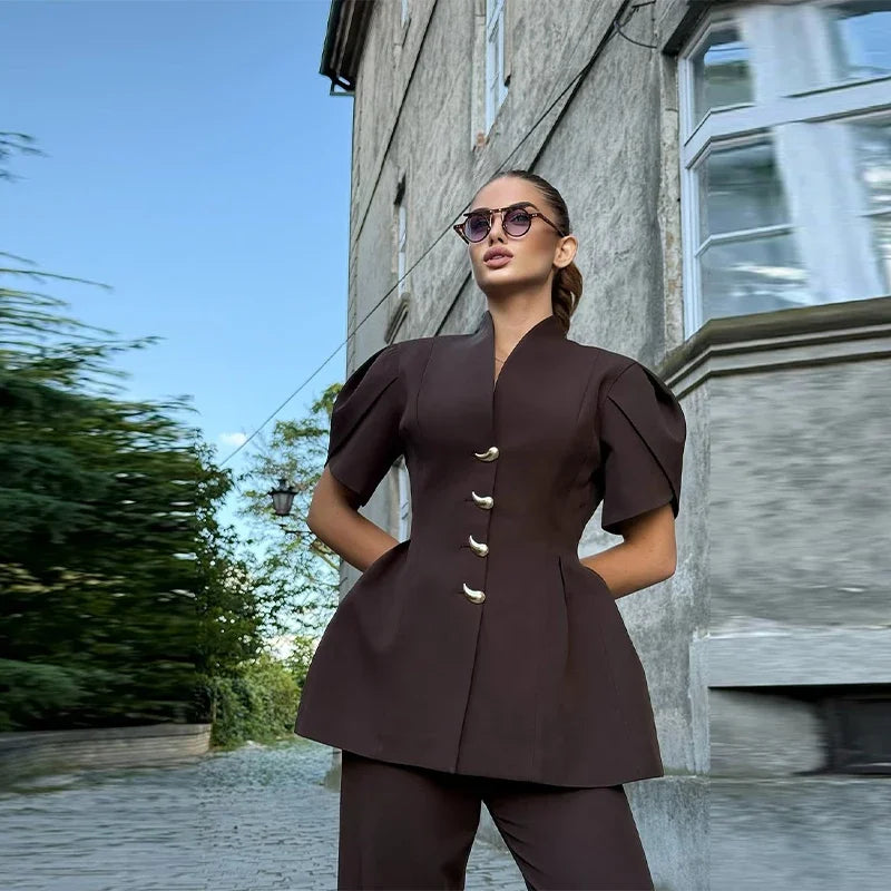 Elegant Chic Women’s 2-Piece Pants Suit – Short Puff Sleeve Single-Breasted Shirt & Straight Flare Pants 2026 Spring 🌿✨