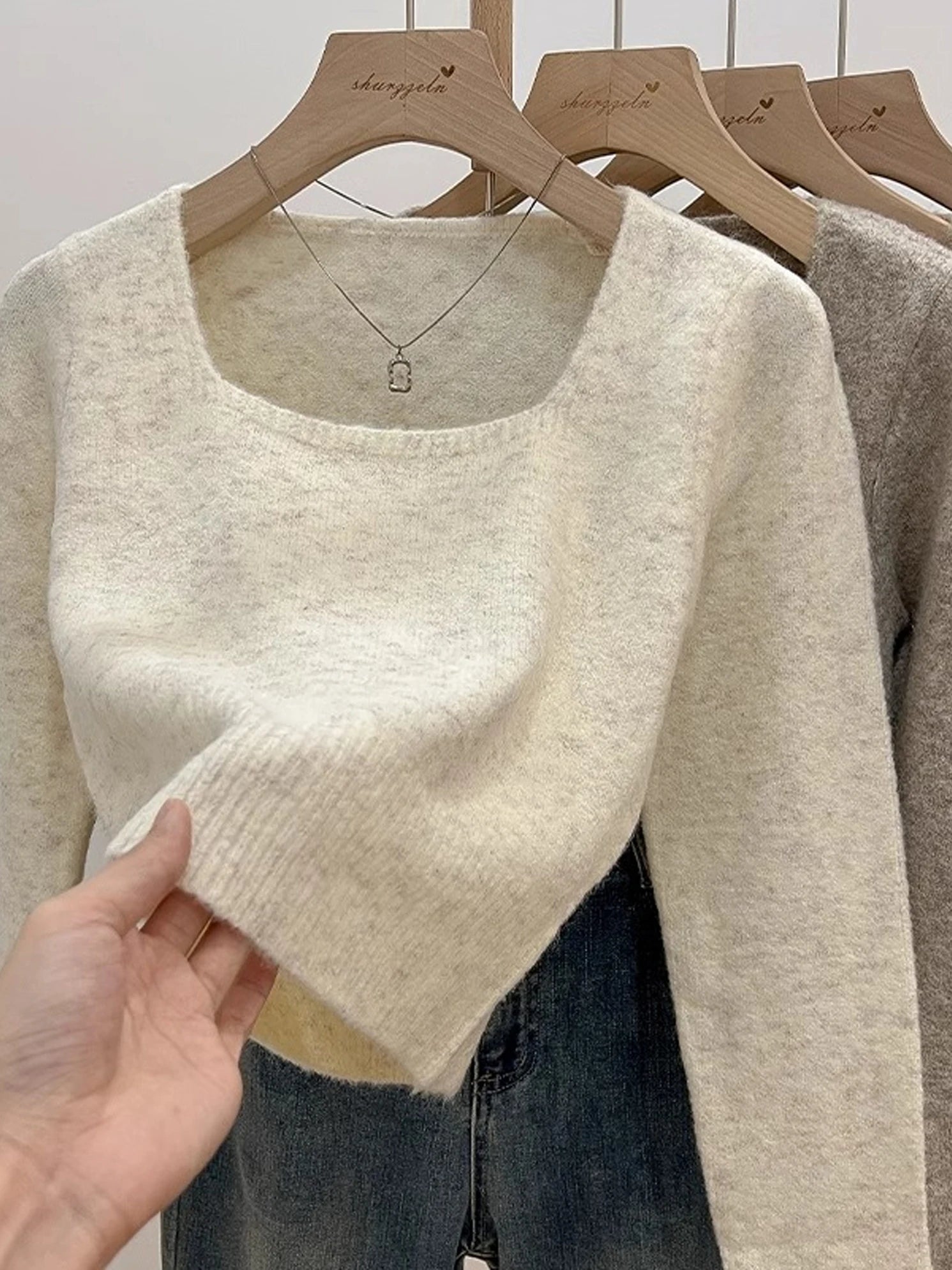 ✨ Soft Short Knitted Sweater Top for Women 🍁 Square Collar Slim Fit | Autumn Winter Inner Base Shirt 👚