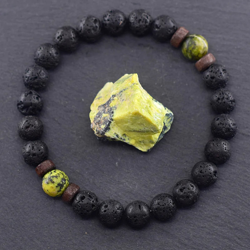 Yellow Grass Turquoise & Lava Stone Beads Bracelet | Natural Wooden Elastic Bracelet for Women Friendship Gift