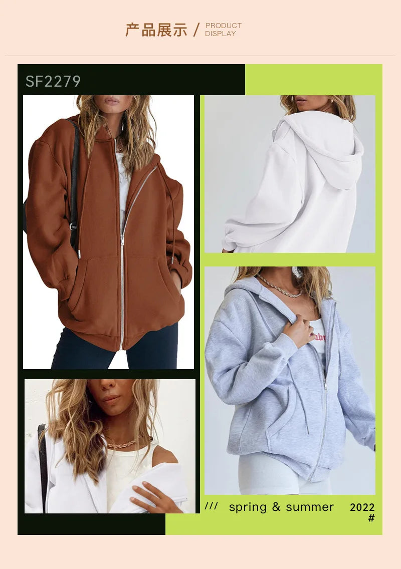 2024 Women’s Solid Hoodie | Elegant Long Sleeve Zipper Drawstring Sweatshirt | Casual Hooded Top with Pockets