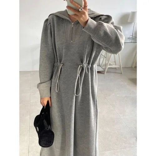 Chic Autumn Long Sve Dstring Waist Slim A-Line Dr Hoodie Women's Faionable Youthful f Open Collar Dr