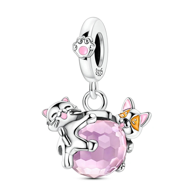 925 Sterling Silver Pink Cat & Dog Paw Charm Bead | Animal Claw Bone Beads for 925 Bracelet DIY Jewelry Gift