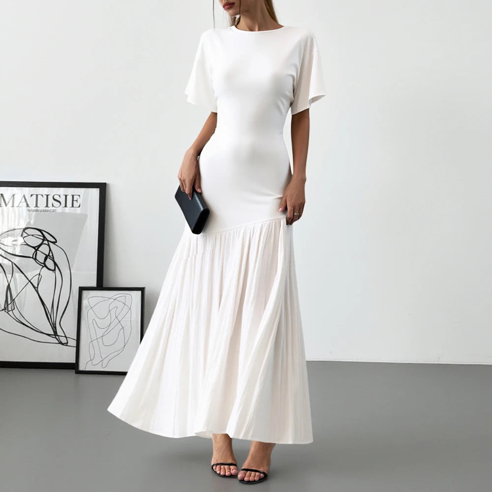 2025 Women's Evening Dress 👗 Must-Have White Maxi Gown 🌟 Short Sleeve Round Neck Lettuce Trim Elegant Party Dress ✨