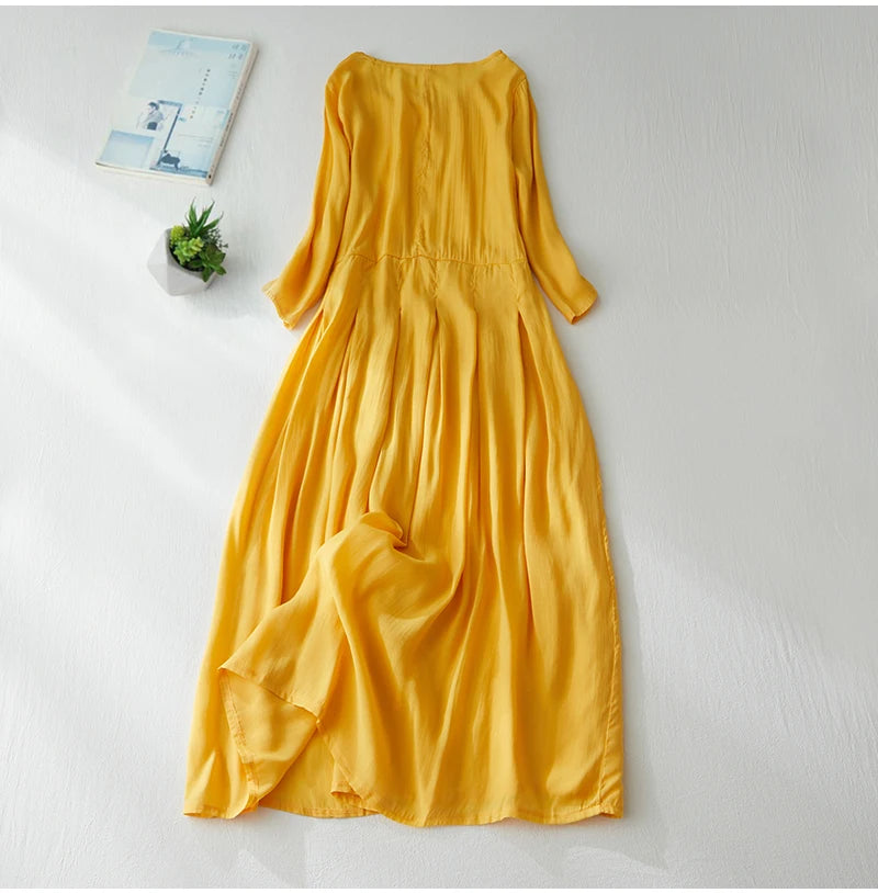 Elegant Lightweight Draped Dress for Women – Artistic Loose Cotton Linen Robe, Summer Airy Flowing Long Skirt, Travel & Vacation Outfit
