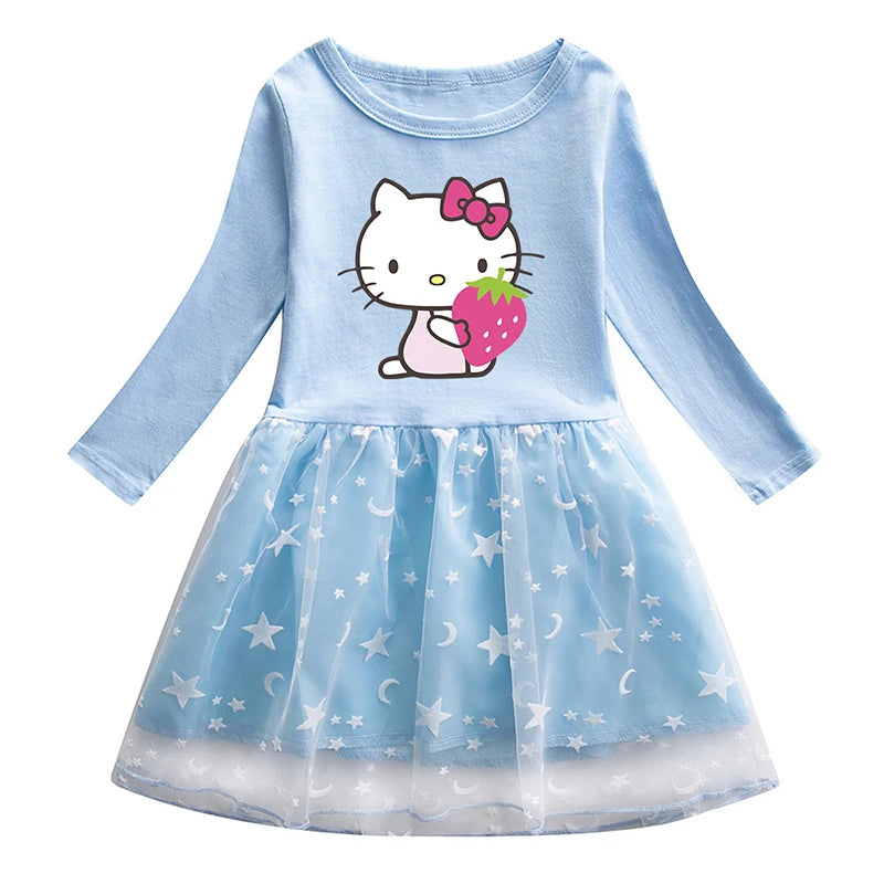 🍁 Hello Kitty Autumn Princess Dress 👗 Long Sleeve Mesh Dress for Baby Girls ✨ Toddler Cartoon Vestidos 2024