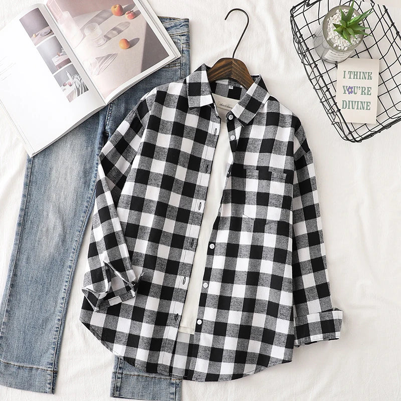Women’s Plaid Shirt | Spring Autumn Long Sleeve Blouse | Casual Cotton Checkered Top