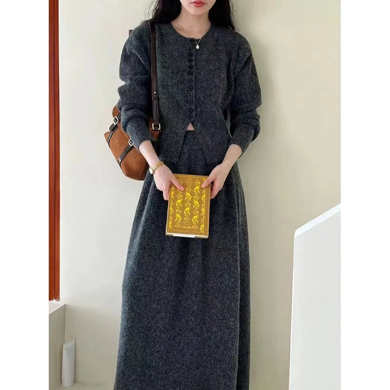 🍂 Soft Cozy Women’s Knitted Sweater & Cardigan Top 👚 Plus Dress Two-Piece Set ✨ Autumn Winter Long Sleeve Commute Wear