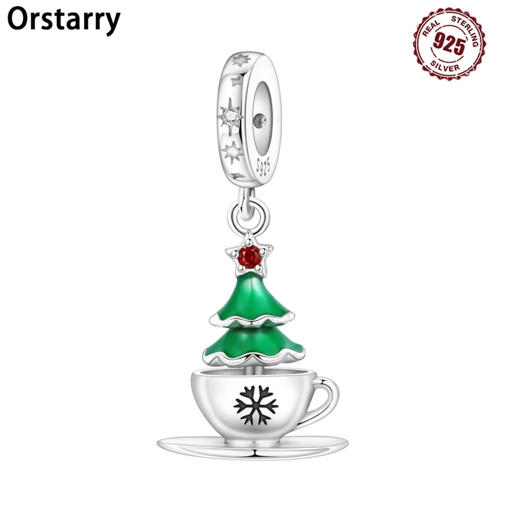 Orstarry 925 Sterling Silver Christmas Tree Coffee Charms | Fit Original Bracelet Women DIY Jewelry Gift