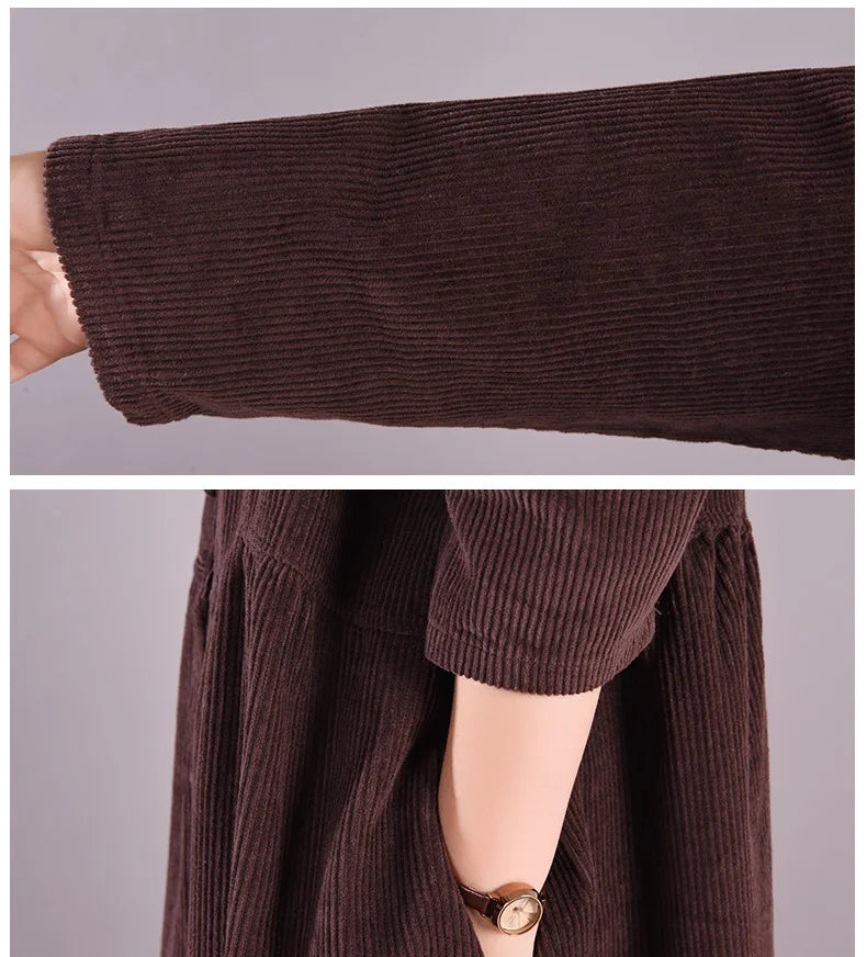 Retro Pure Color Corduroy Dr Loose Casual Long irt Dr Women's A-Line Skirt Long Sve  Collar Single Button Closure