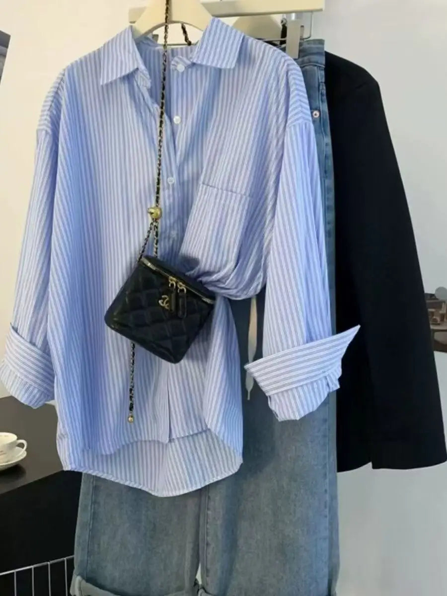 Retro Lazy Style Blue Striped Women’s Long Sleeve Shirt | Spring Autumn Design Sense Outerwear Blouse