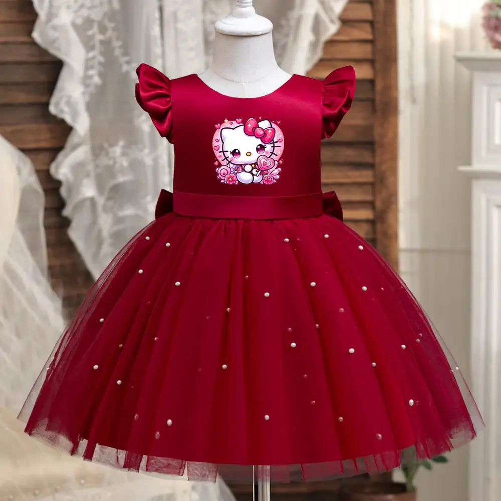 Hello Kitty Girls Pearls Dress – Elegant Princess Wedding Gown, Tulle Birthday Party Dress for Children 3-7Y