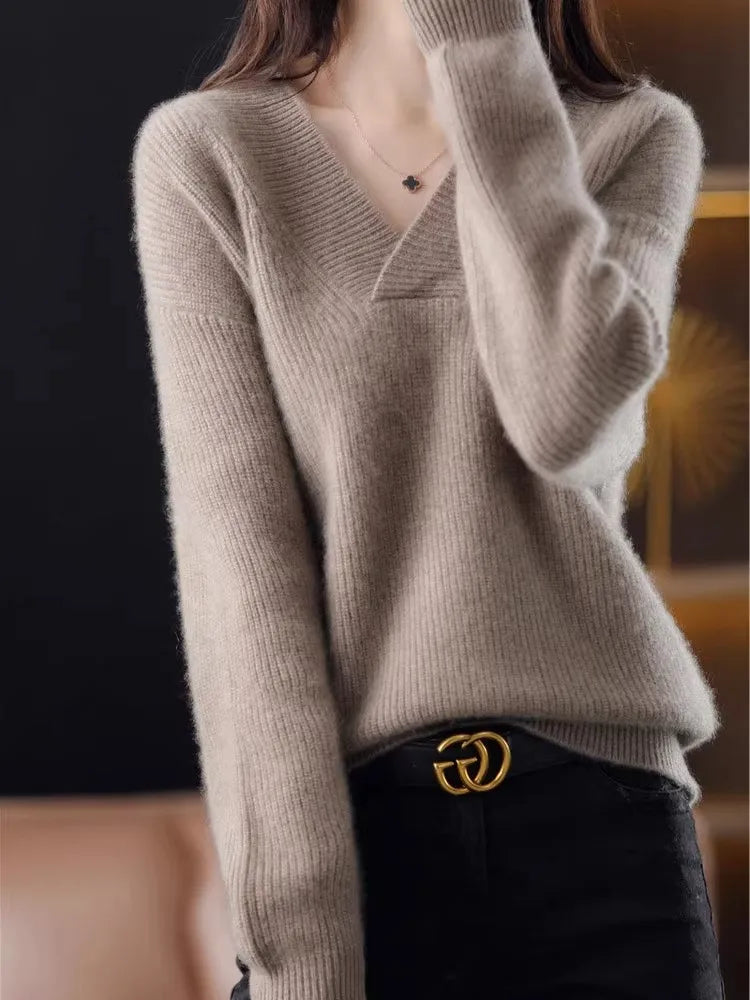 Autumn Winter Women’s V-Neck Knit Sweater – Solid Loose Pullover Soft Warm Casual Top