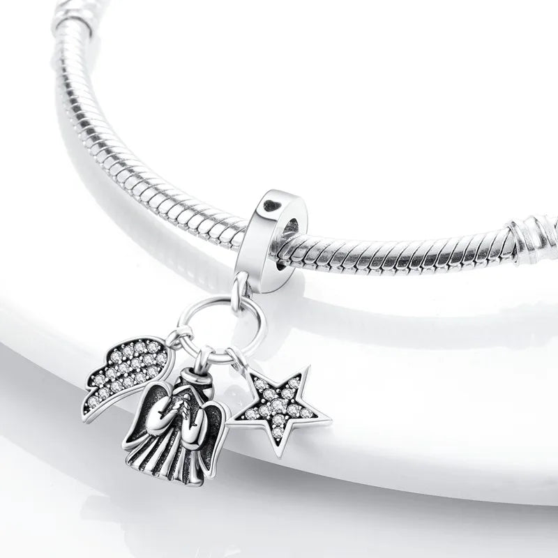 S925 Silver Angel Baby Charms | Heart Shape Wings Dangle Beads Fit Bracelet & Necklace