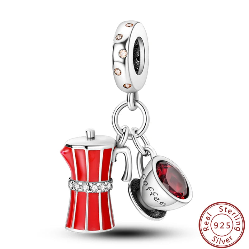 925 Sterling Silver Dessert Afternoon Tea Charm – Coffee, Cake, Pizza & Fries Beads Fit Original Pandora Bracelet DIY Jewelry