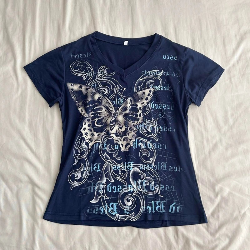 Harajuku Fairy Cropped Butterfly Printing T Shirts Vintage Grunge Streetwear Tops Women Summer Y2k Aesthetic Casual Crop Shirts