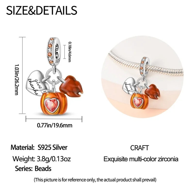 925 Sterling Silver Squirrel & Maple Leaf Charm | Shiny Zircon Autumn Beads Fit Pandora Bracelet DIY Jewelry