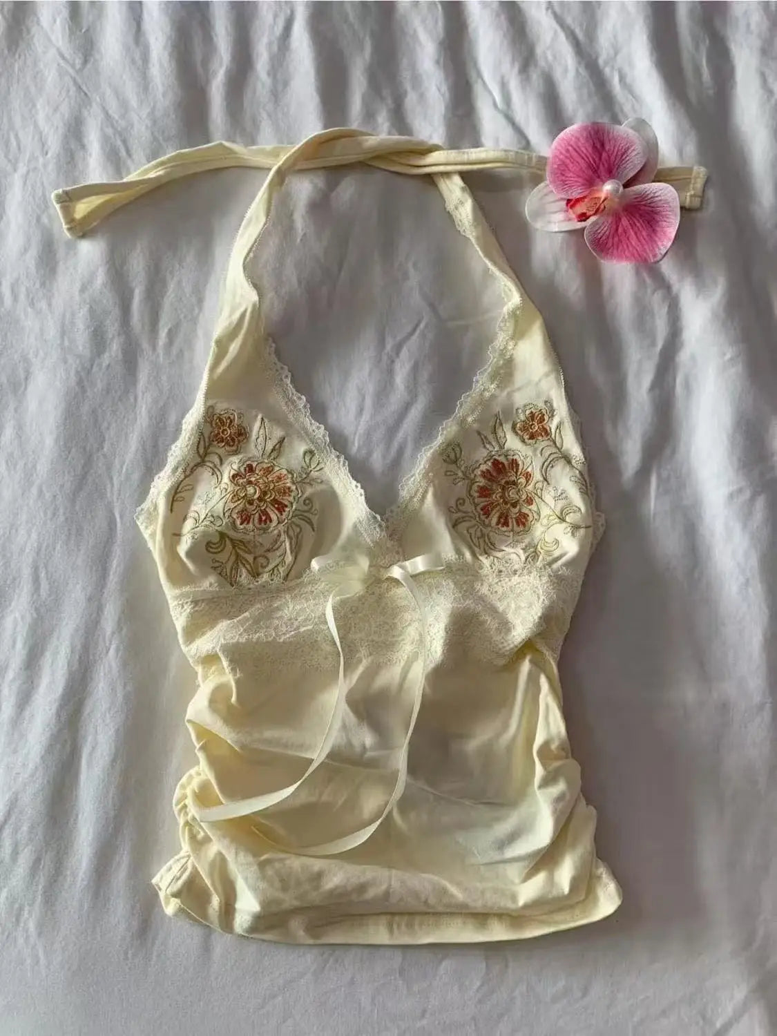 2025 Summer Women’s Floral Halter Lace Blouse – Vintage Sexy Slim Fit Korean Fashion Top