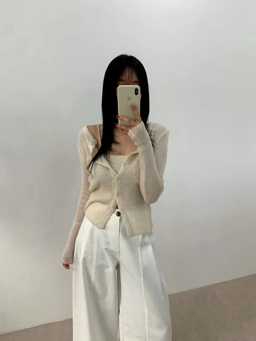 Simple round Ne Button up Knit Sweater Strap Set Casual Sle Polyester Fiber Open Cardigan for Women Autumn Winter ential