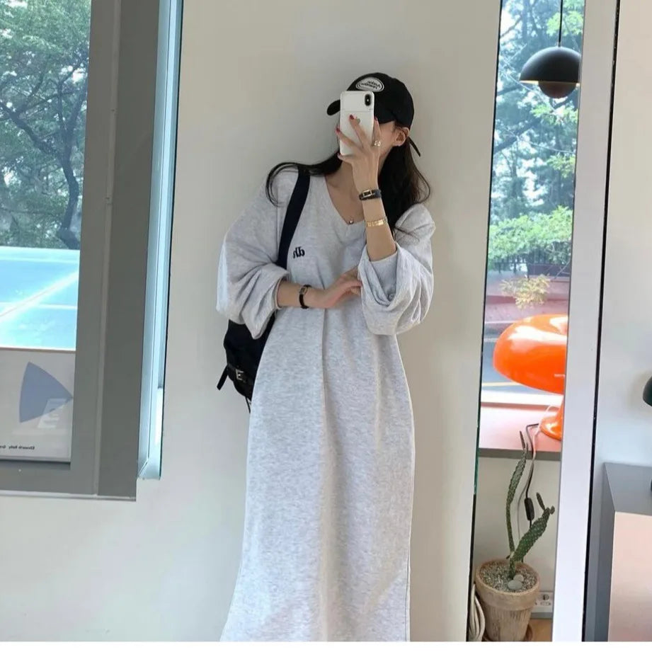 Autumn Winter Lazy Style V-Neck Embroidered Letter Loose Sweatshirt Dress – Long Sleeve Sweet Lantern Sleeve Women’s Casual Dress