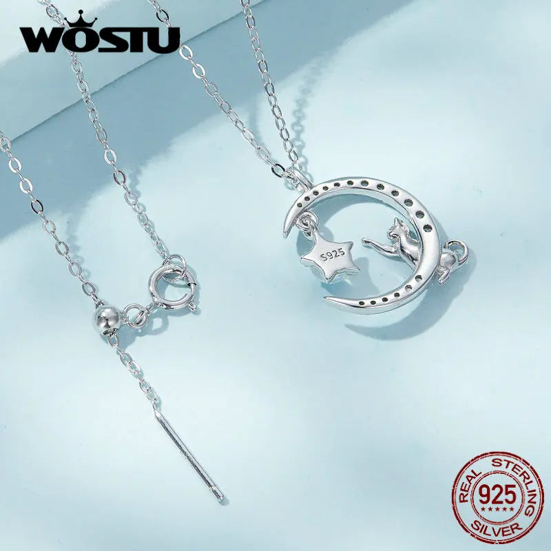 WOSTU 925 Sterling Silver Cat & Rabbit Moon Necklace | Star Zircon Pendant for Women Fine Jewelry Gift