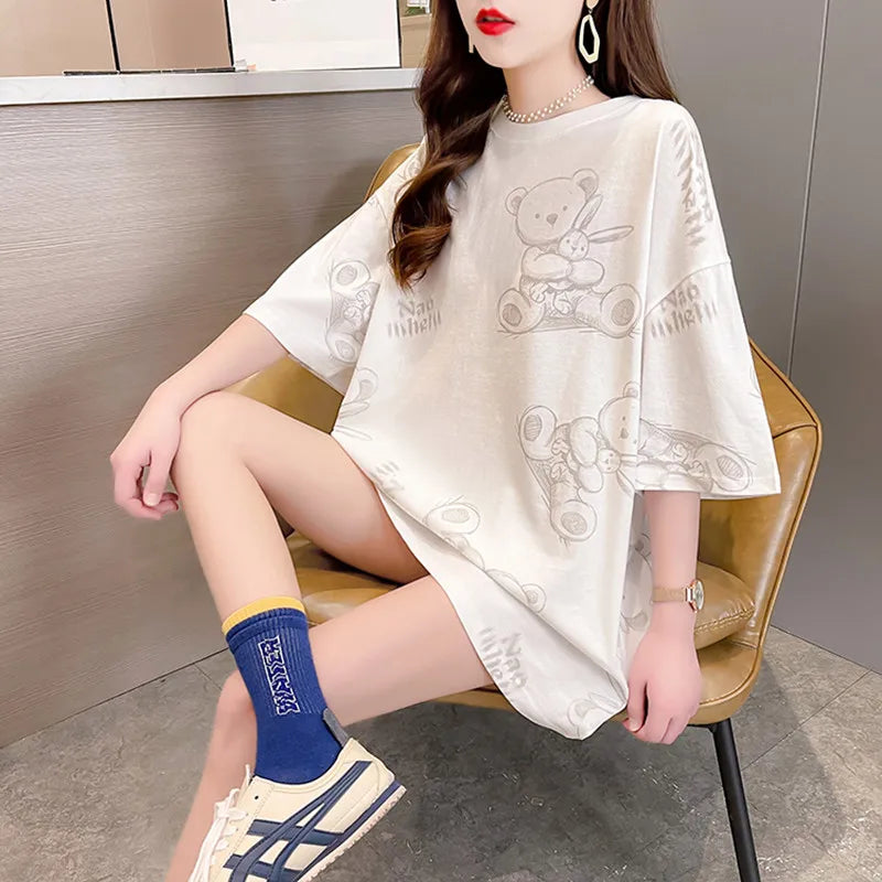 Plus Size Women’s Cartoon T-Shirt | Summer Loose Fit Top | Korean Style Short Sleeve Round Neck